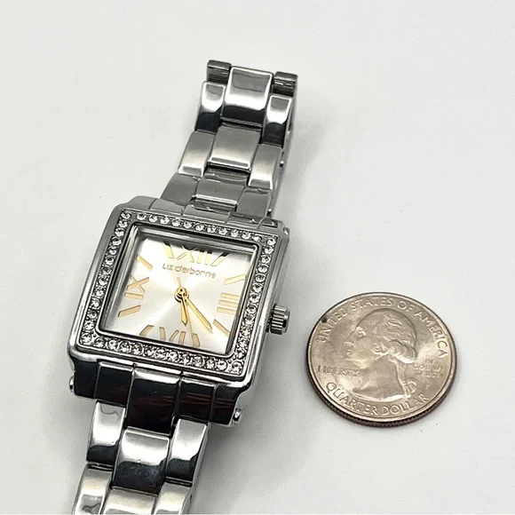 Liz Claiborne Womens Watch Silver Square Crystal Bezel 7.5" New Battery - Picture 7 of 10